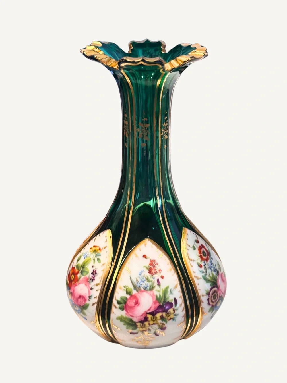 Antique Emerald-Green Bohemian Vase/Decanter with Hand-Painted Floral Cartouches - Picture 3 of 10